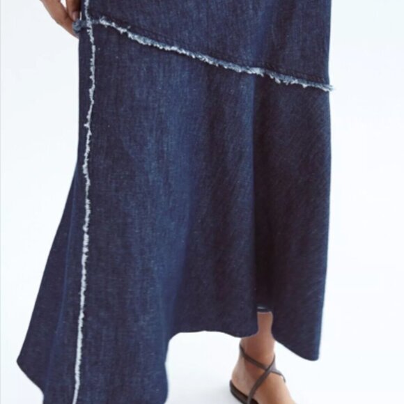 ZARA Cindy Lightweight Cotton/Linen Denim Midi Dress w Flounce Hem, Size L, NWT - Picture 5 of 7